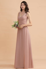 Blush V-Neck Chiffon A-Line Long Bridesmaid Dress with Ruching Side View