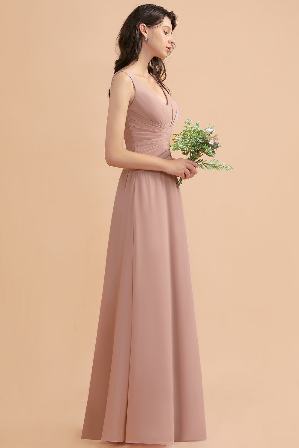 Blush V-Neck Chiffon A-Line Long Bridesmaid Dress with Ruching Side View