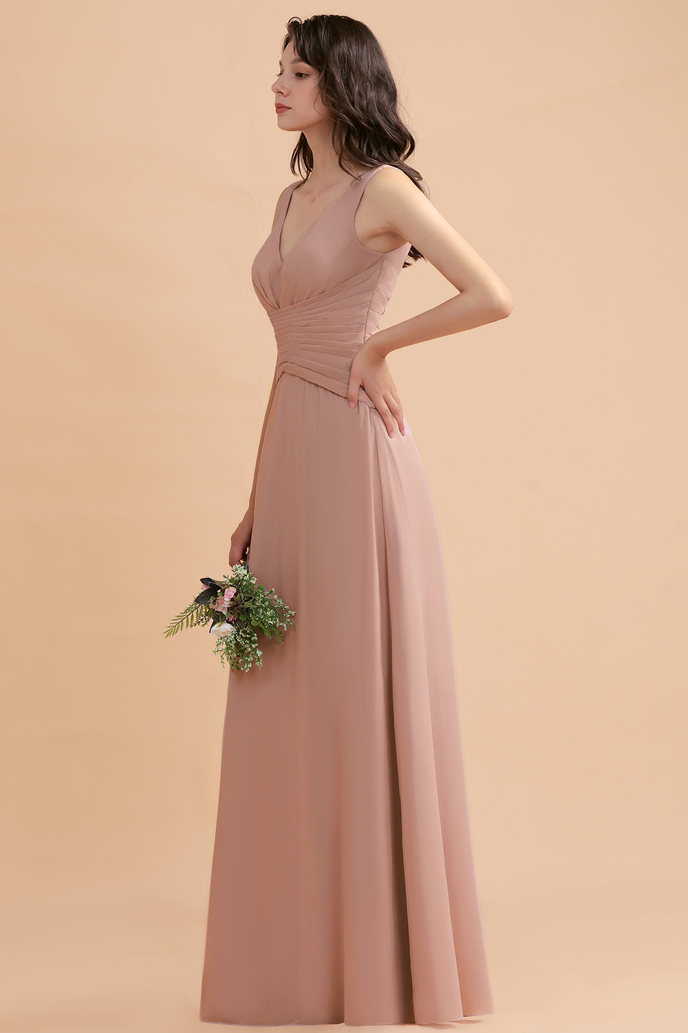 Blush V-Neck Chiffon A-Line Long Bridesmaid Dress with Ruching Side View