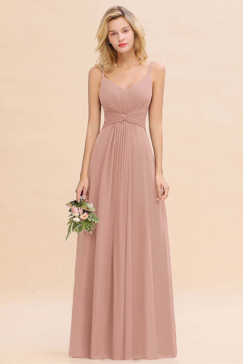 Blush V-Neck Chiffon A-Line Long Bridesmaid Dress with Ruching