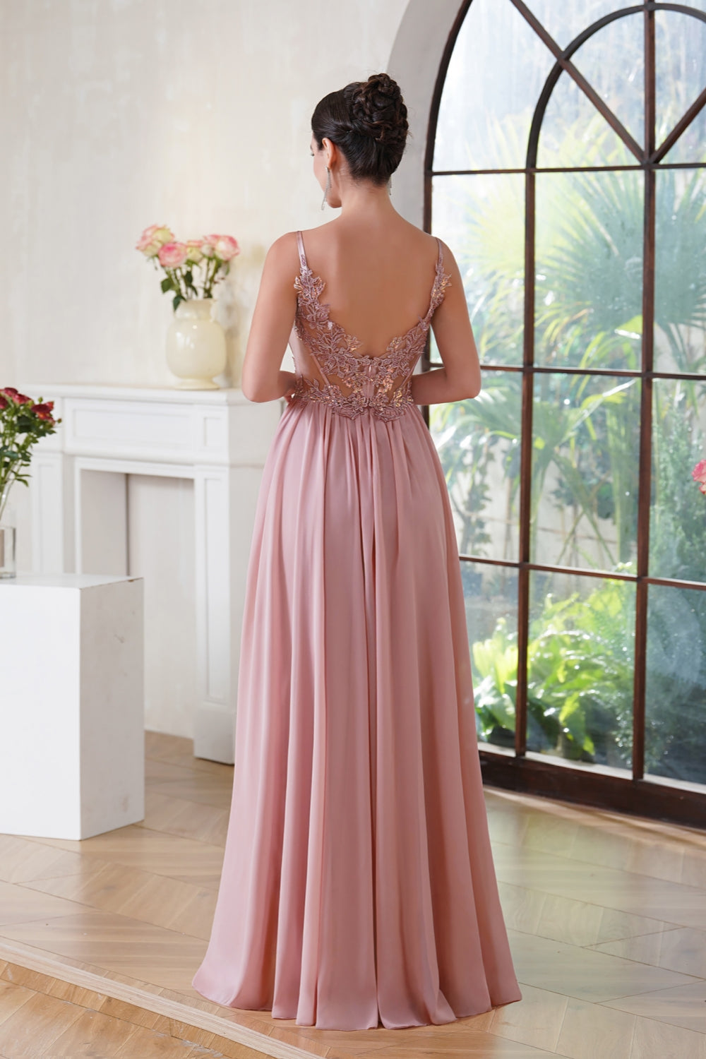 Blush V-Neck Chiffon A-Line Long Prom Dress with Lace Appliques Back View