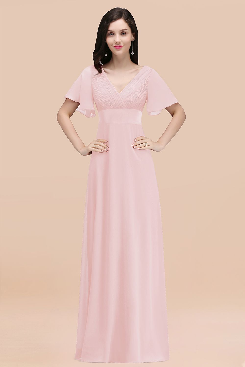Blush V-Neck Chiffon Empire Long Bridesmaid Dress with Pleats