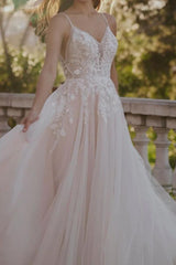 Blush V-Neck Tulle A-Line Wedding Dress with Lace Appliques and Beading