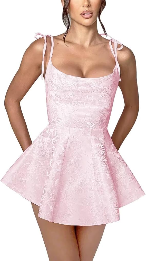 Short A-line Spaghetti Straps Satin Sleeveless Party Dress Jacquard Homecoming Dress