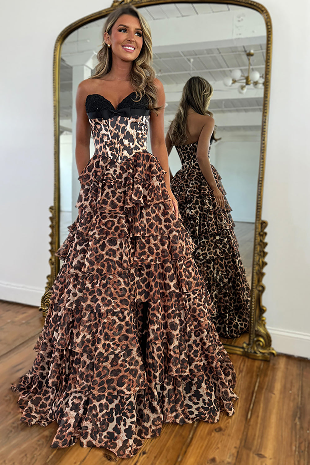 Brown Leopard Sweetheart A-Line Ruffled Long Corset Prom Dress with Slit