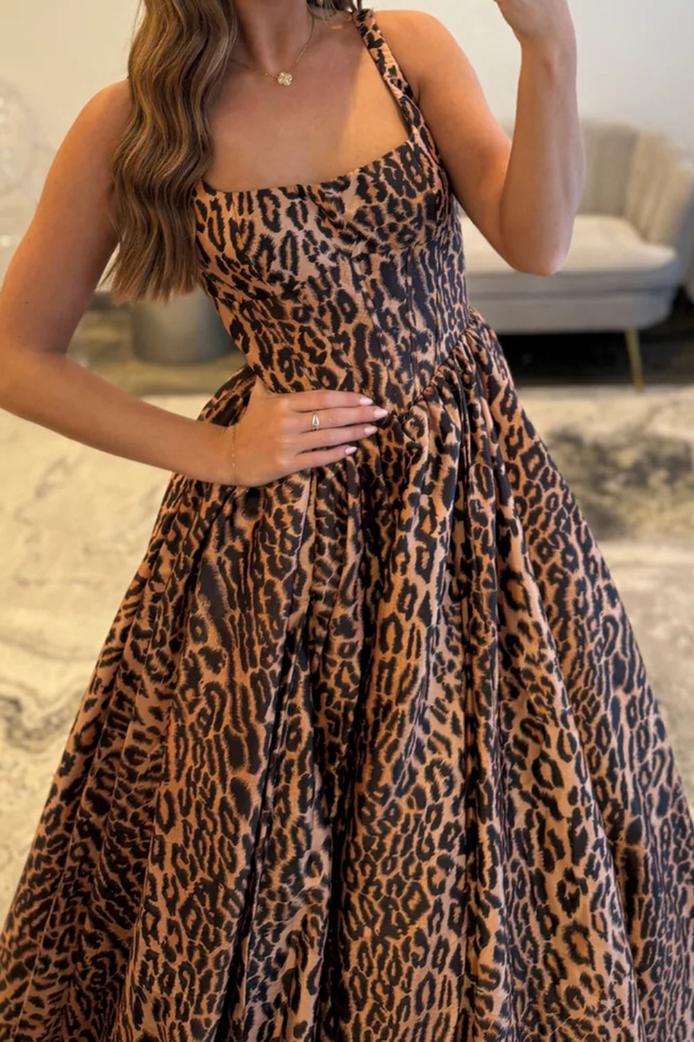 Brown Leopard Thick Straps A-Line Long Corset Prom Dress with Slit