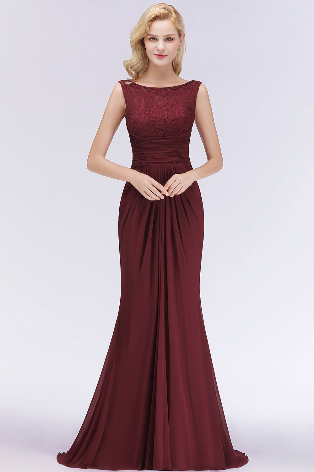 Burgundy Chiffon Mermaid Long Bridesmaid Dress with Lace Appliques