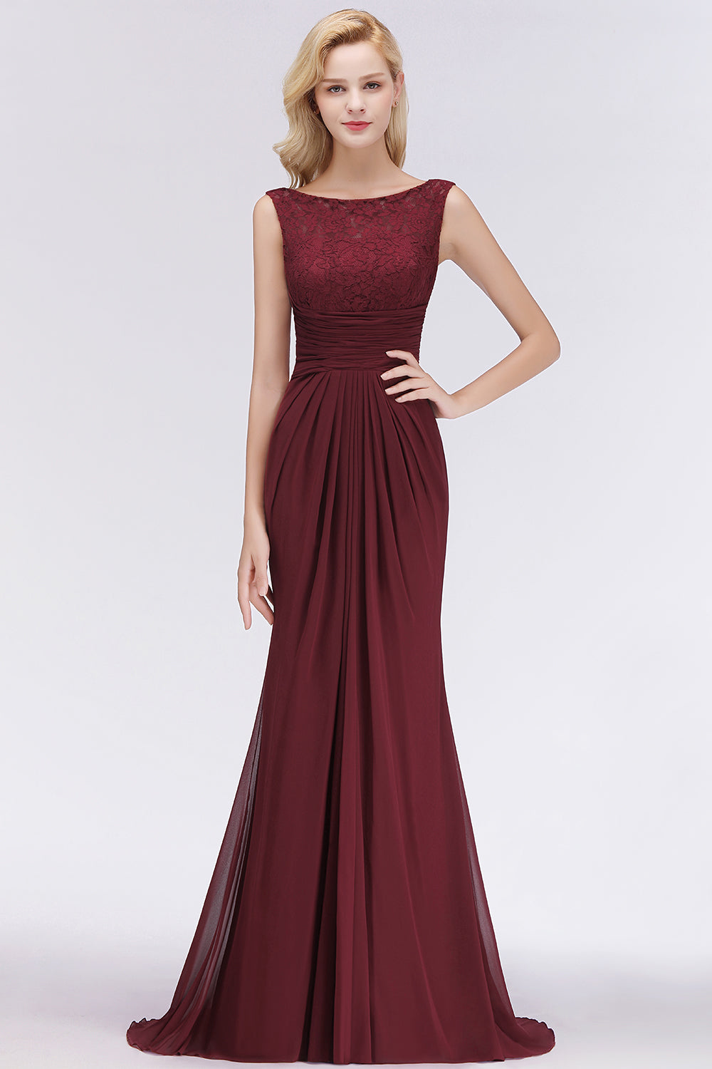 Burgundy Chiffon Mermaid Long Bridesmaid Dress with Lace Appliques
