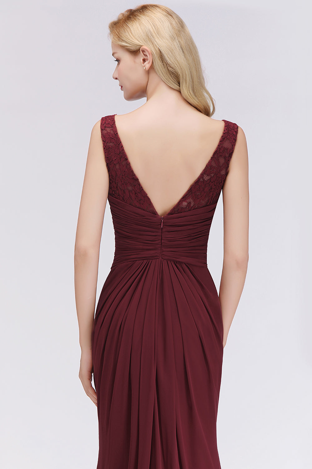 Burgundy Chiffon Mermaid Long Bridesmaid Dress with Lace Appliques Back Detail