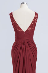 Burgundy Chiffon Mermaid Long Bridesmaid Dress with Lace Appliques Back Detail