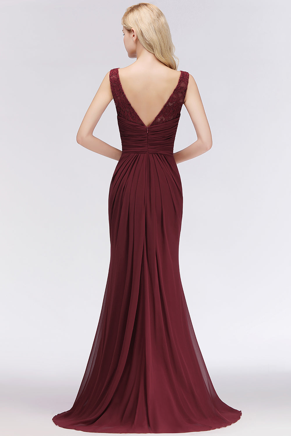 Burgundy Chiffon Mermaid Long Bridesmaid Dress with Lace Appliques Back View