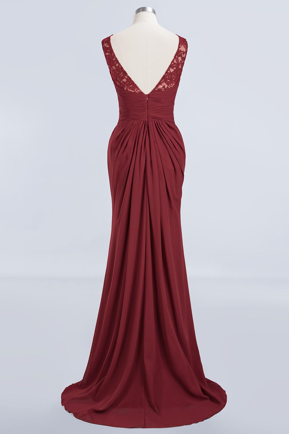 Burgundy Chiffon Mermaid Long Bridesmaid Dress with Lace Appliques Back View