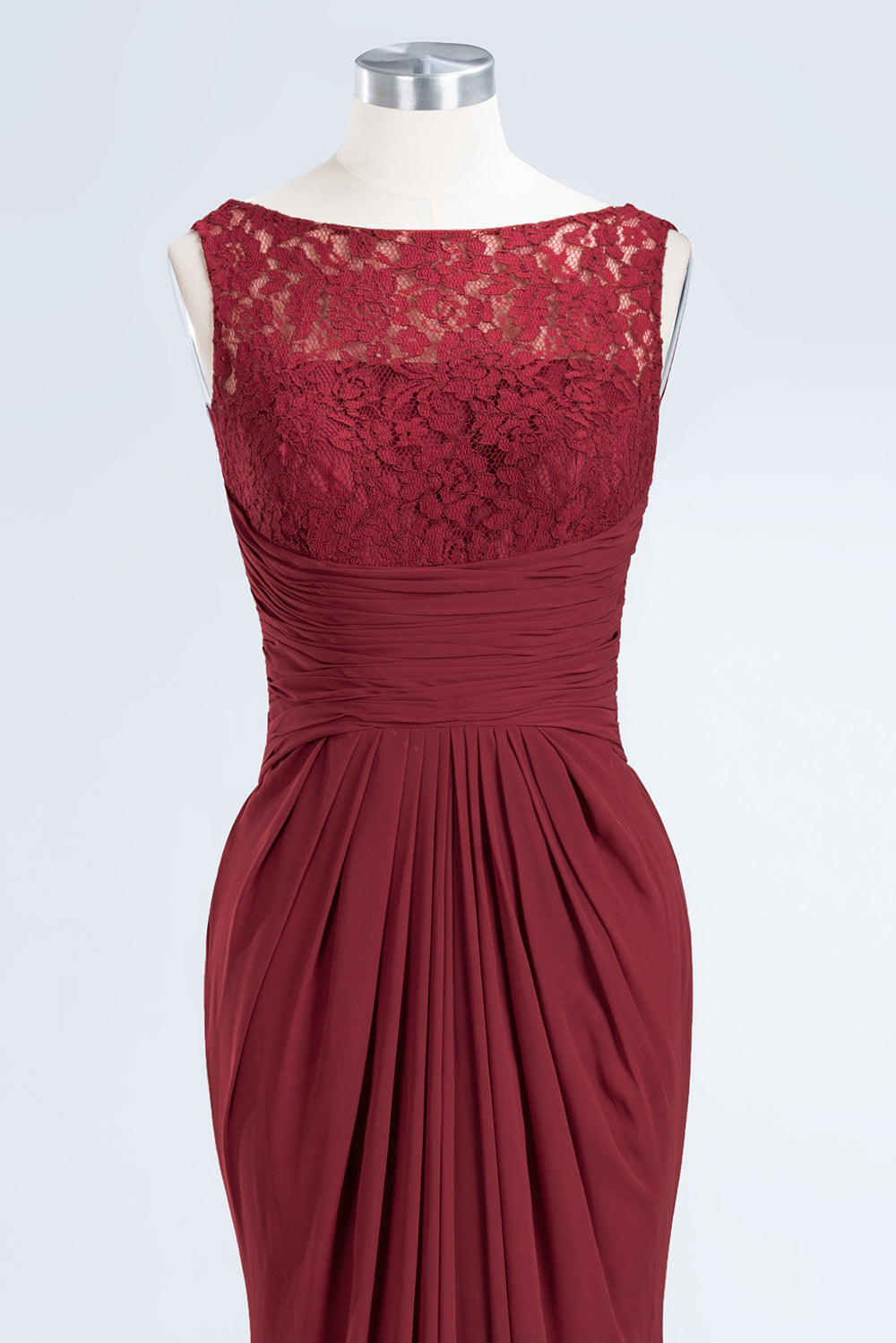Burgundy Chiffon Mermaid Long Bridesmaid Dress with Lace Appliques Bodice Detail