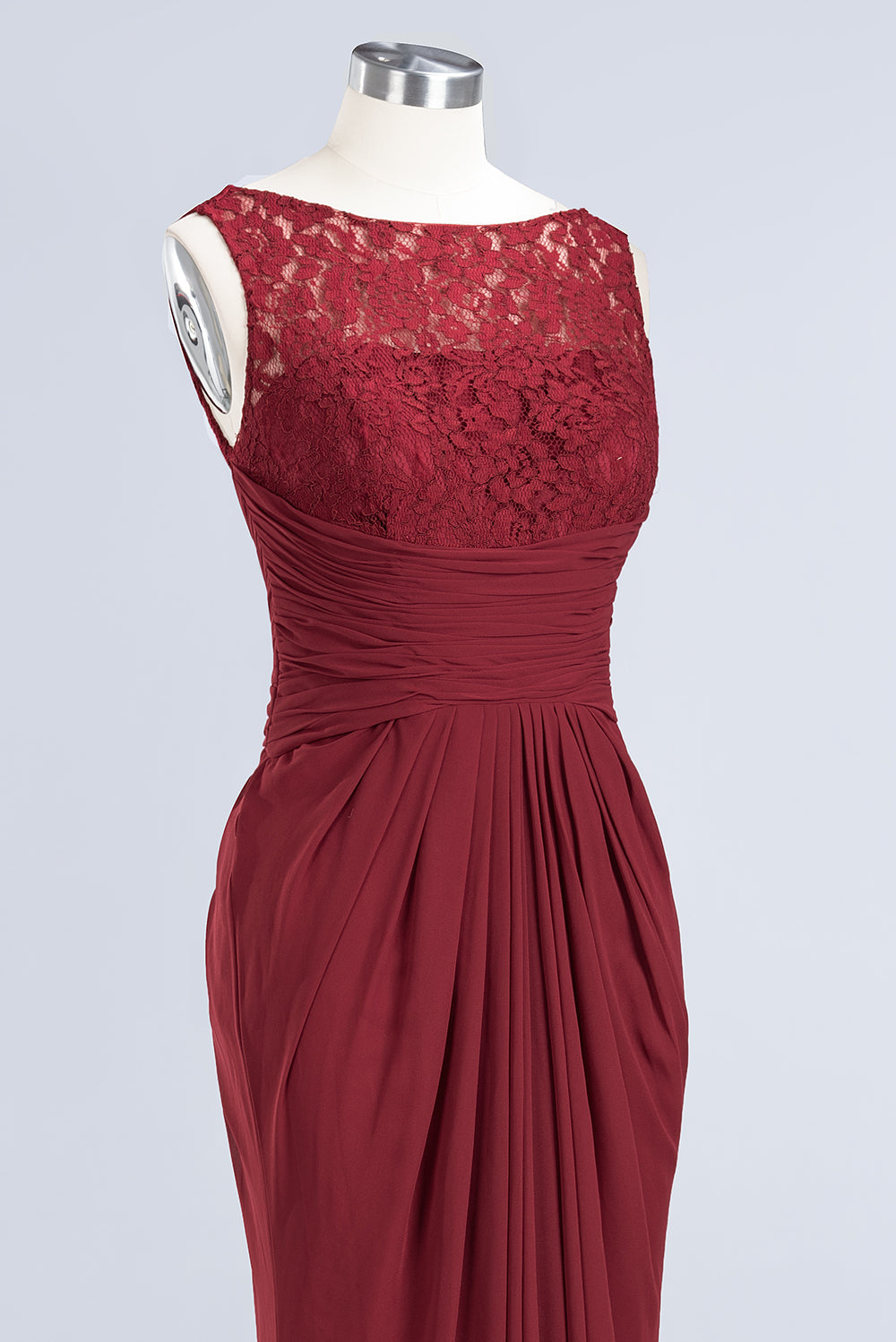 Burgundy Chiffon Mermaid Long Bridesmaid Dress with Lace Appliques Bodice Detail