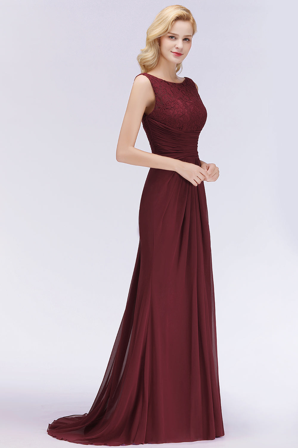 Burgundy Chiffon Mermaid Long Bridesmaid Dress with Lace Appliques Side View