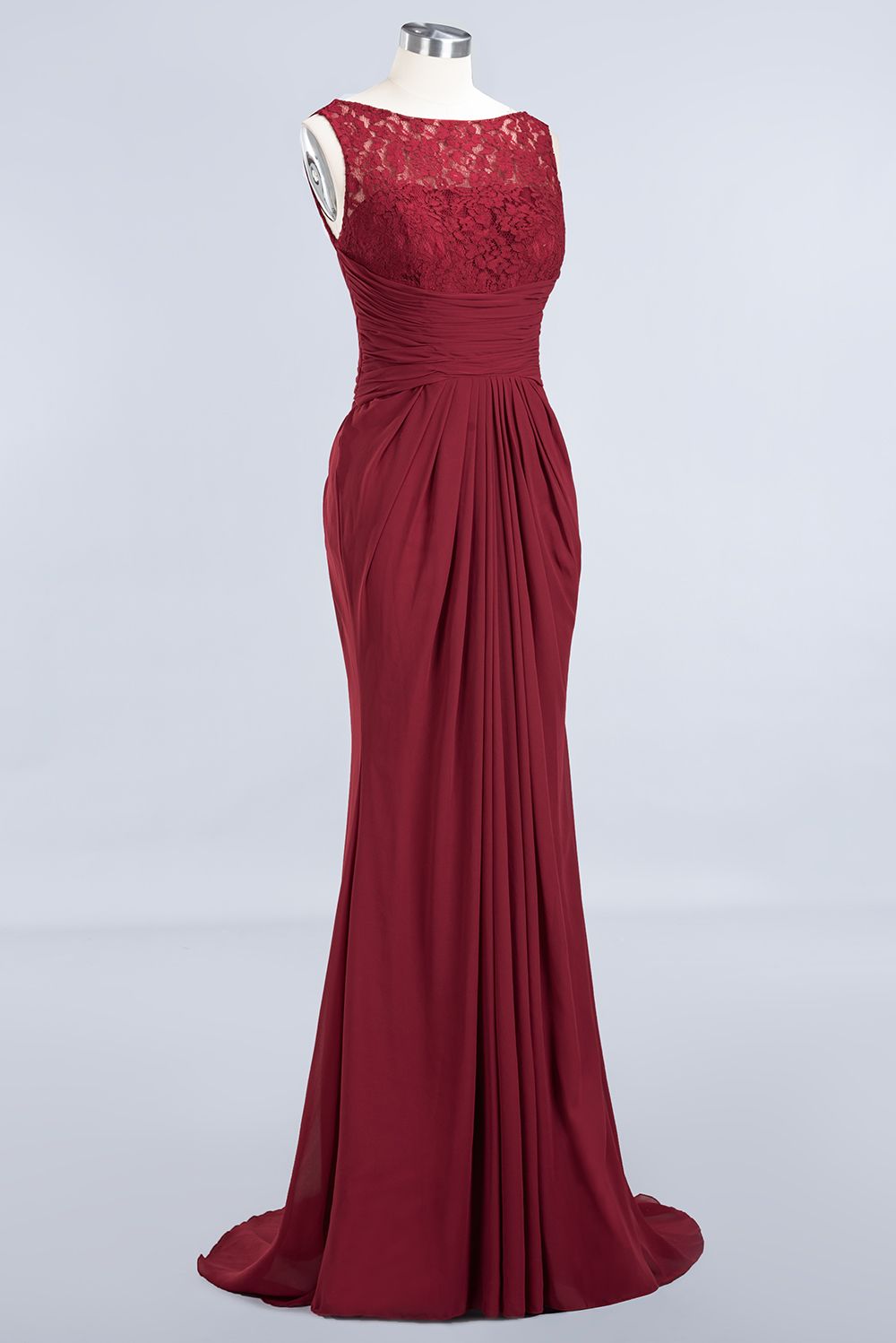 Burgundy Chiffon Mermaid Long Bridesmaid Dress with Lace Appliques Side View