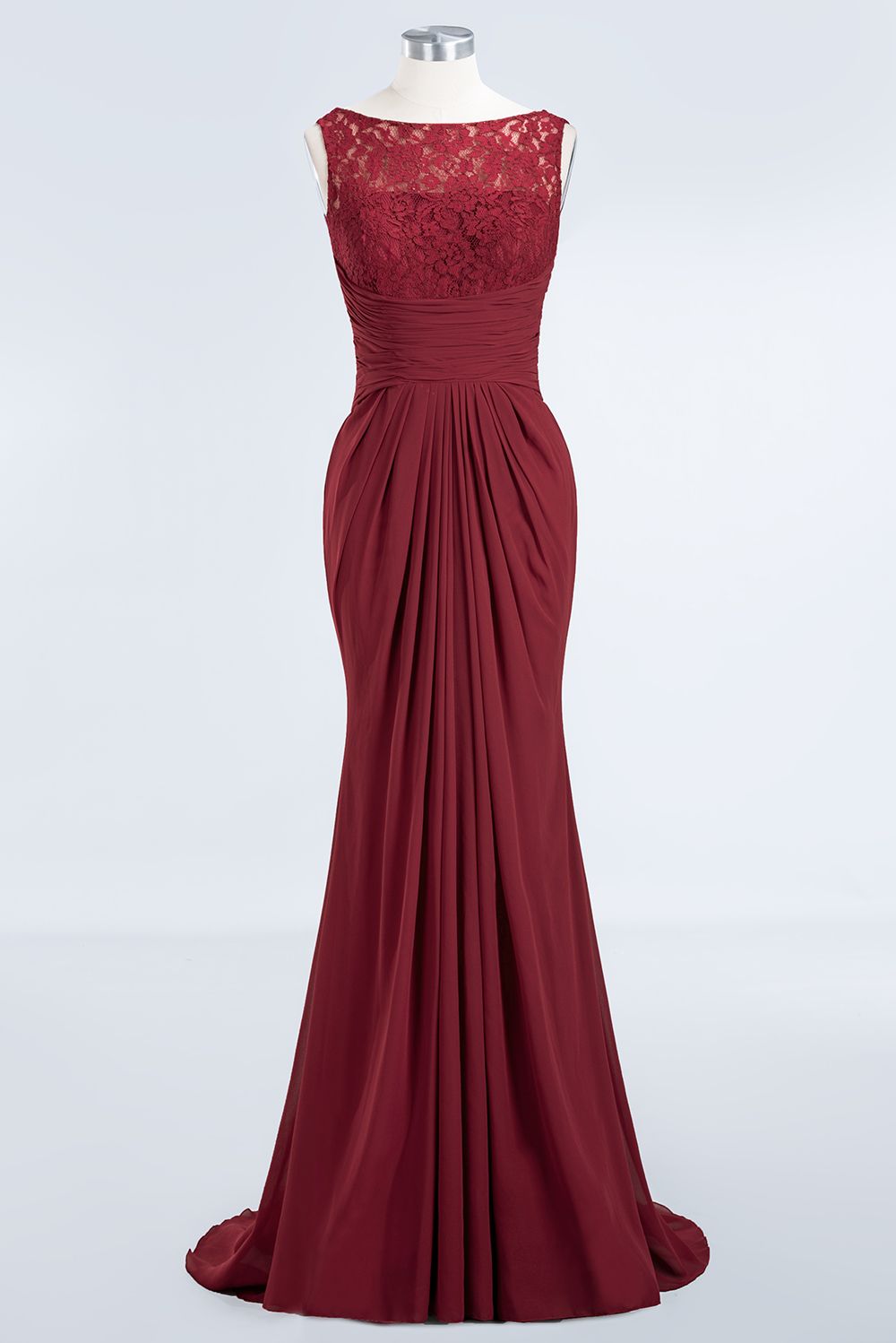 Burgundy Chiffon Mermaid Long Bridesmaid Dress with Lace Appliques