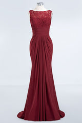 Burgundy Chiffon Mermaid Long Bridesmaid Dress with Lace Appliques