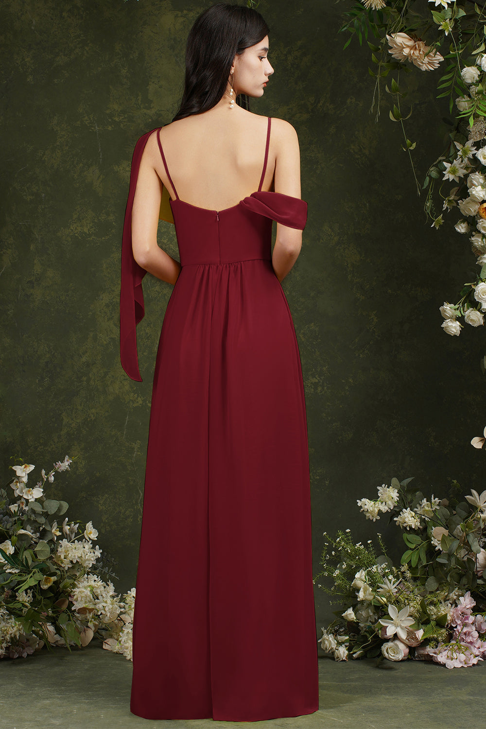 Burgundy Cowl Neck Chiffon A-Line Long Bridesmaid Dress with Slit Back View