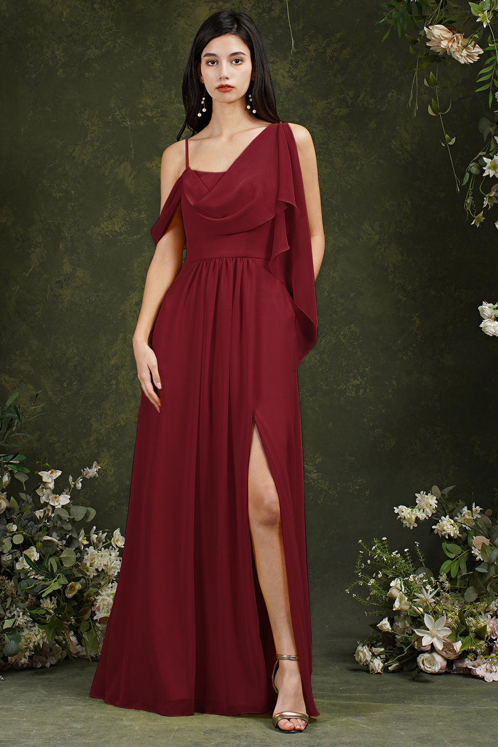 Burgundy Cowl Neck Chiffon A-Line Long Bridesmaid Dress with Slit
