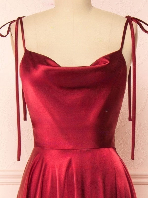 Burgundy Cowl Neck Satin A-Line Long Bridesmaid Dress Bodice Detail