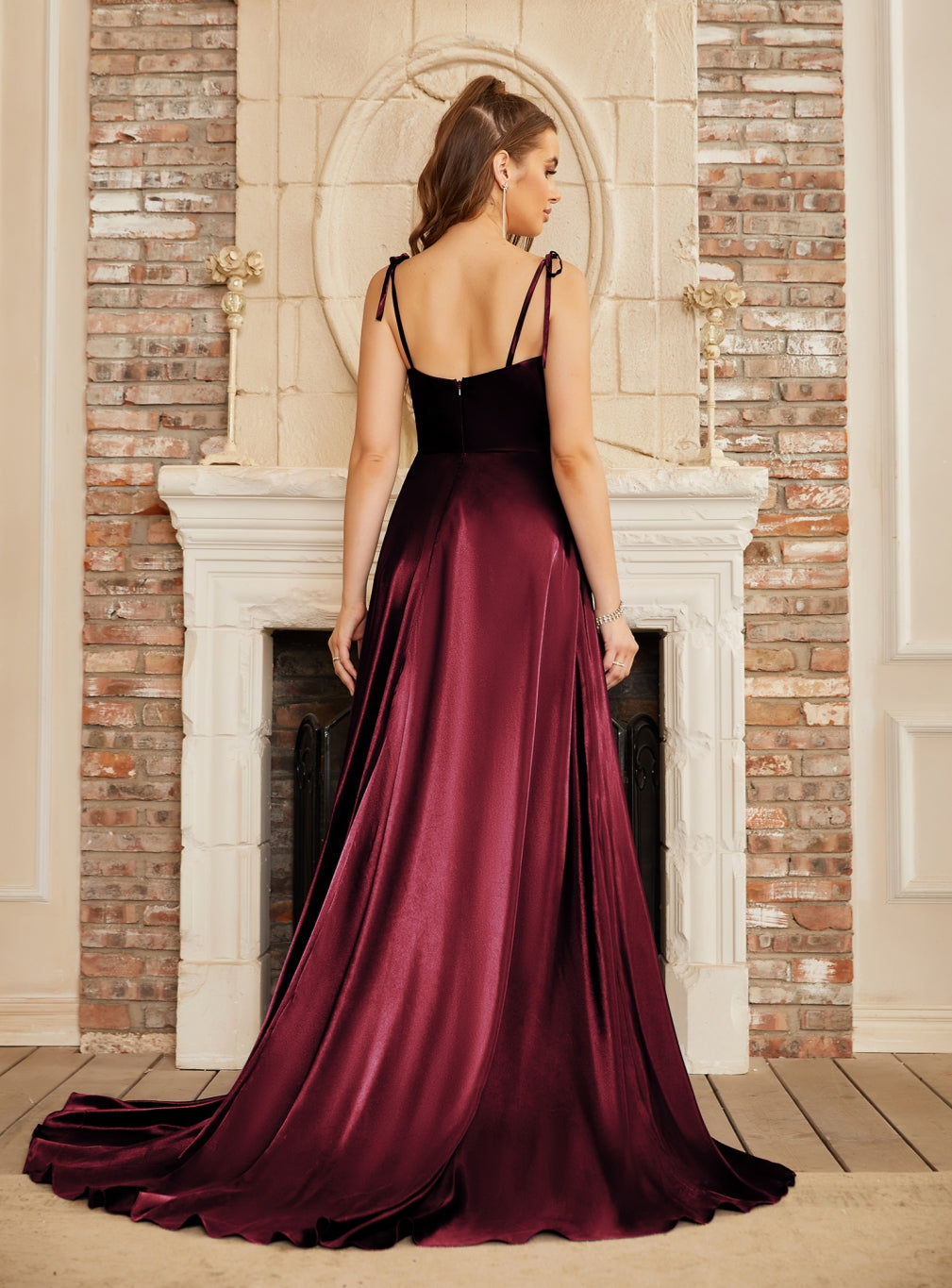 Burgundy Cowl Neck Satin A-Line Long Prom Dress with Bow Back View