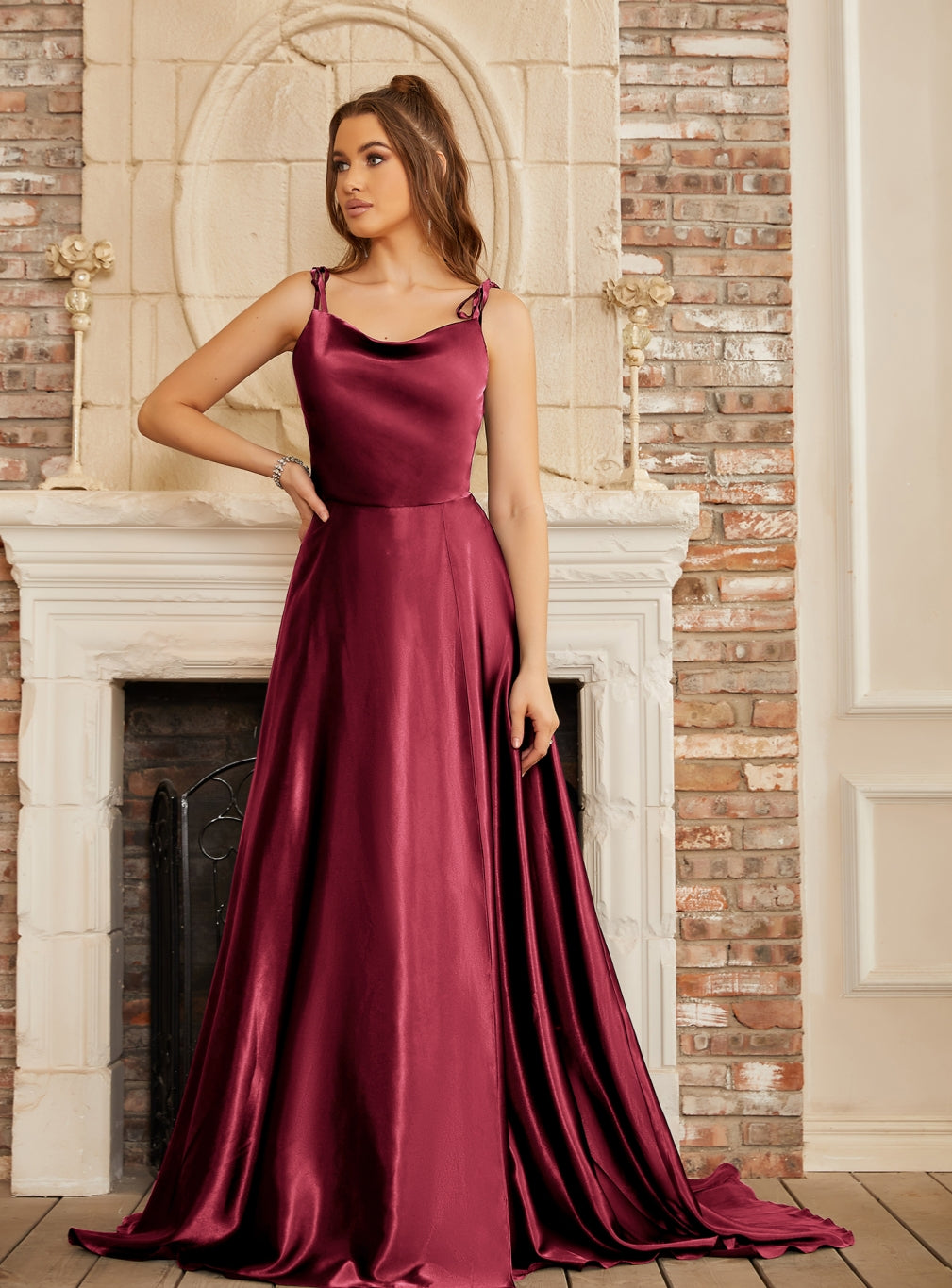 Burgundy Cowl Neck Satin A-Line Long Prom Dress with Bow