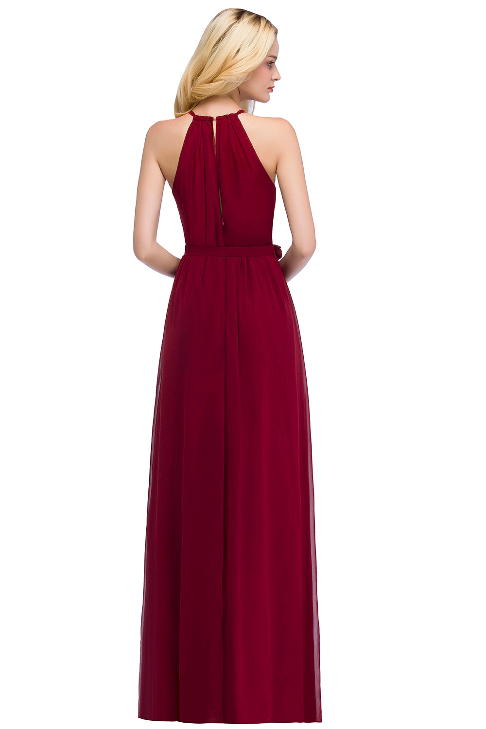 Burgundy Halter Chiffon A-Line Long Bridesmaid Dress with Bow Back View