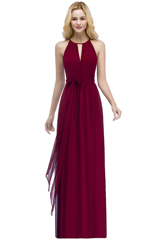 Burgundy Halter Chiffon A-Line Long Bridesmaid Dress with Bow