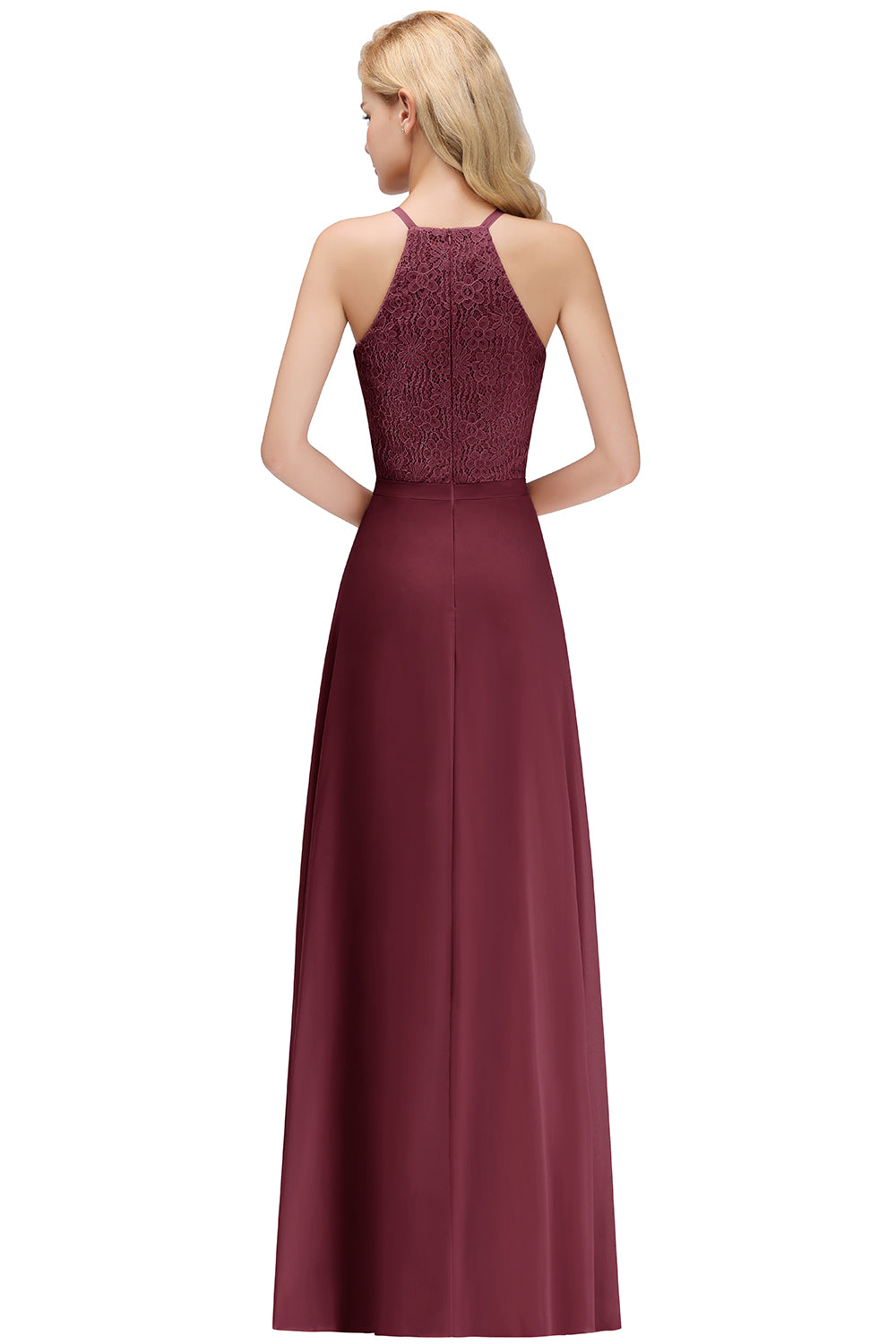 Burgundy Halter Chiffon A-Line Long Bridesmaid Dress with Lace Appliques Back View