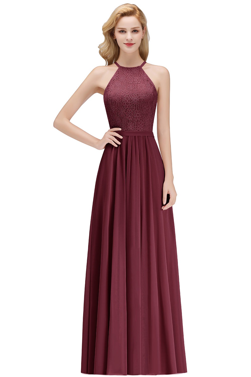 Burgundy Halter Chiffon A-Line Long Bridesmaid Dress with Lace Appliques