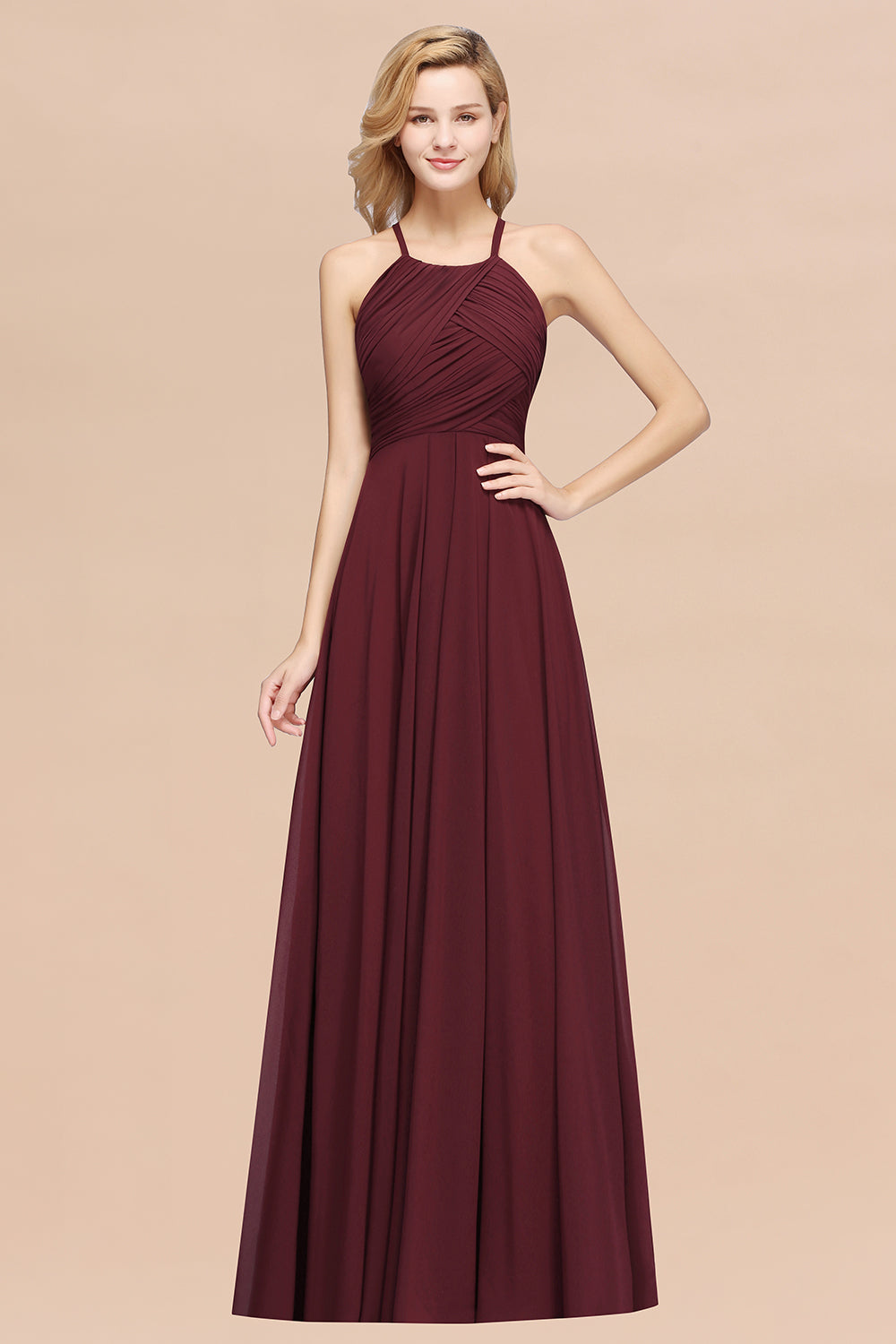Burgundy Halter Chiffon A-Line Long Bridesmaid Dress with Ruching