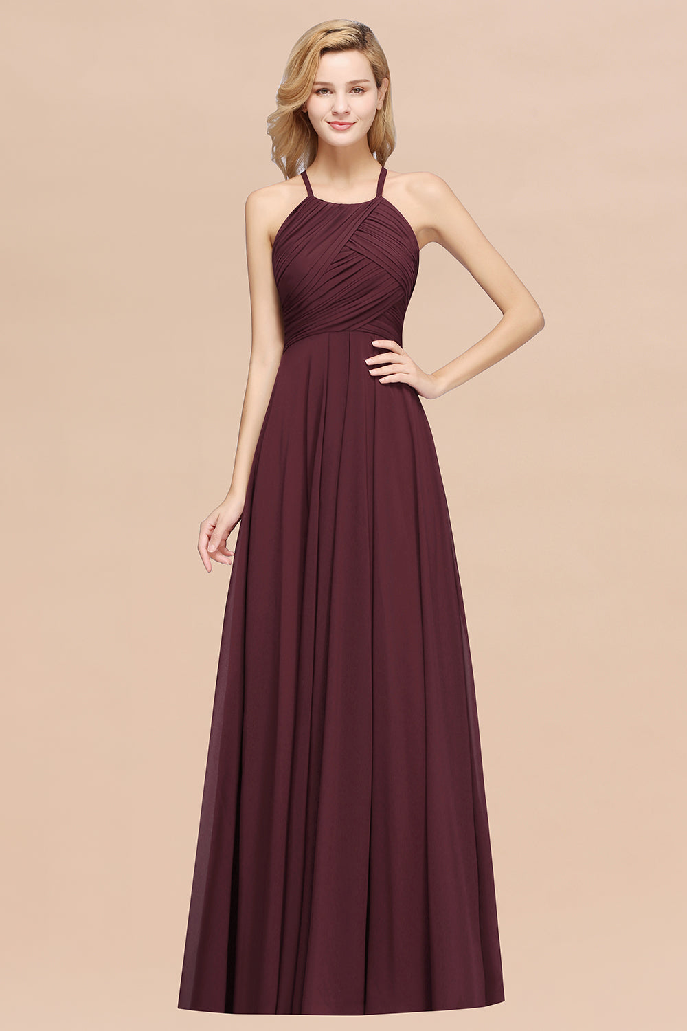 Burgundy Halter Chiffon A-Line Long Bridesmaid Dress with Ruching