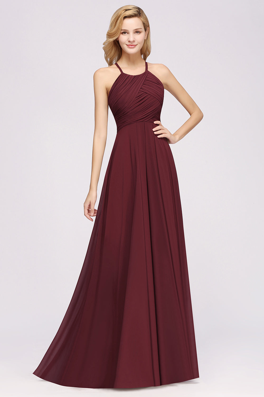Burgundy Halter Chiffon A-Line Long Bridesmaid Dress with Ruching
