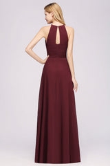 Burgundy Halter Chiffon A-Line Long Bridesmaid Dress with Ruching Back View