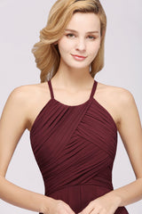 Burgundy Halter Chiffon A-Line Long Bridesmaid Dress with Ruching Bodice Detail