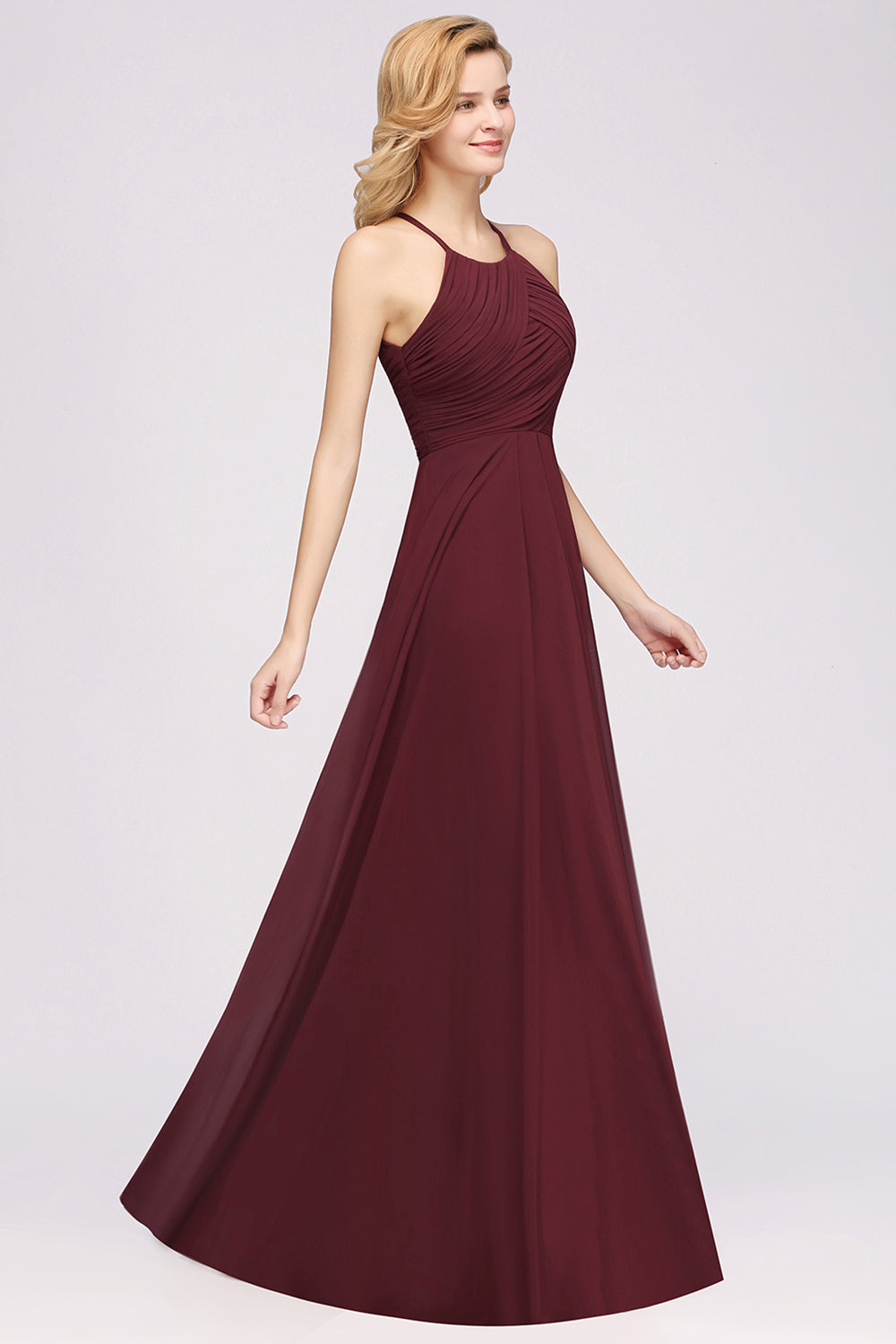 Burgundy Halter Chiffon A-Line Long Bridesmaid Dress with Ruching Side View
