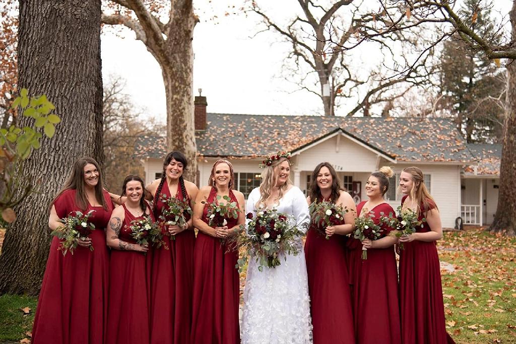 Burgundy Halter Jersey A-Line Long Bridesmaid Dress with Ruching Group