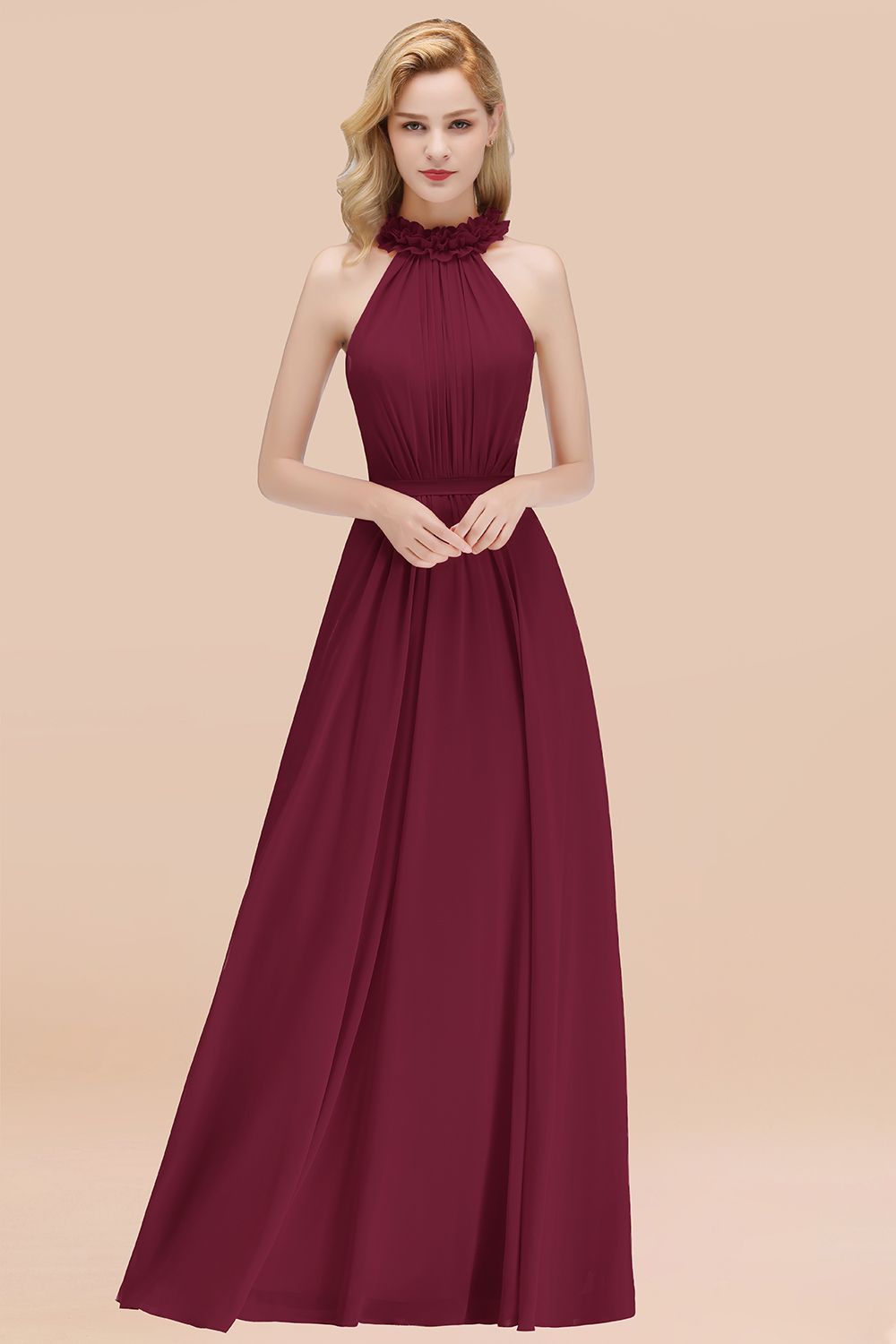 Burgundy High Neck Chiffon A-Line Long Bridesmaid Dress
