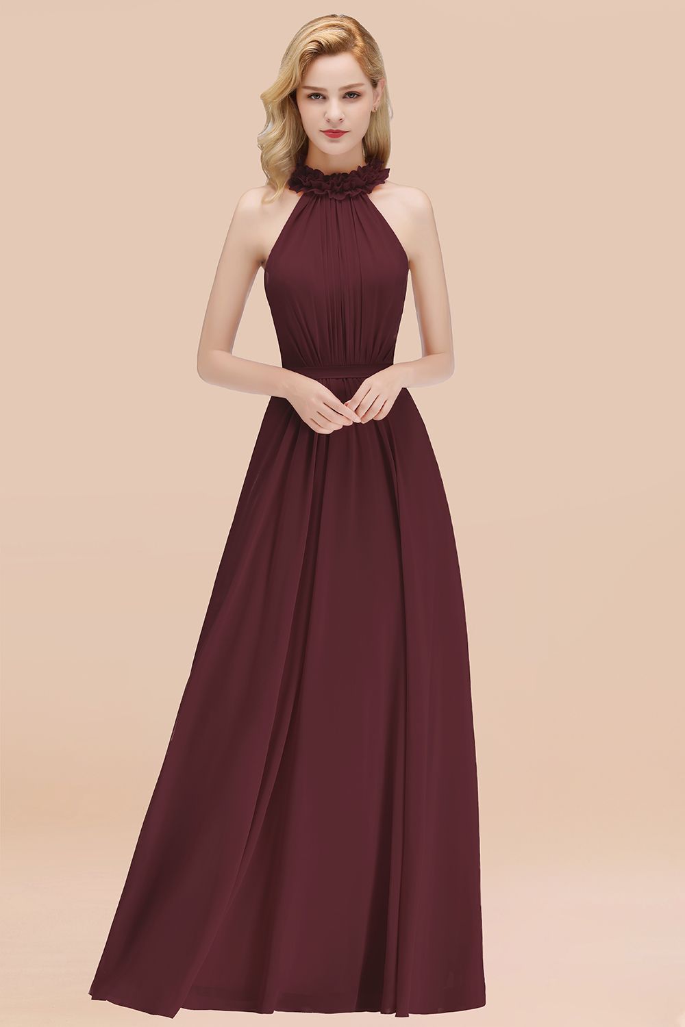 Burgundy High Neck Chiffon A-Line Long Bridesmaid Dress