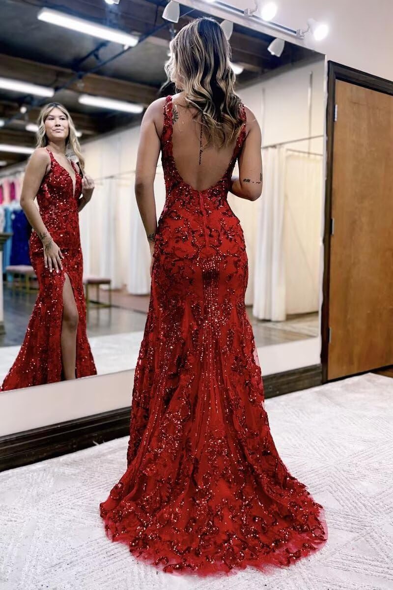 V-neck Sequin Backless Long Mermaid Prom Dress with Slit