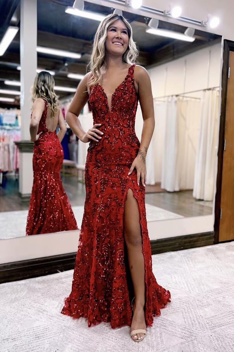 Burgundy V-neck Sequin Backless Long Mermaid Prom Dress with Slit