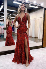 Burgundy V-neck Sequin Backless Long Mermaid Prom Dress with Slit