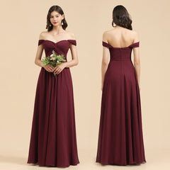 Burgundy Off The Shoulder Chiffon A-Line Long Bridesmaid Dress