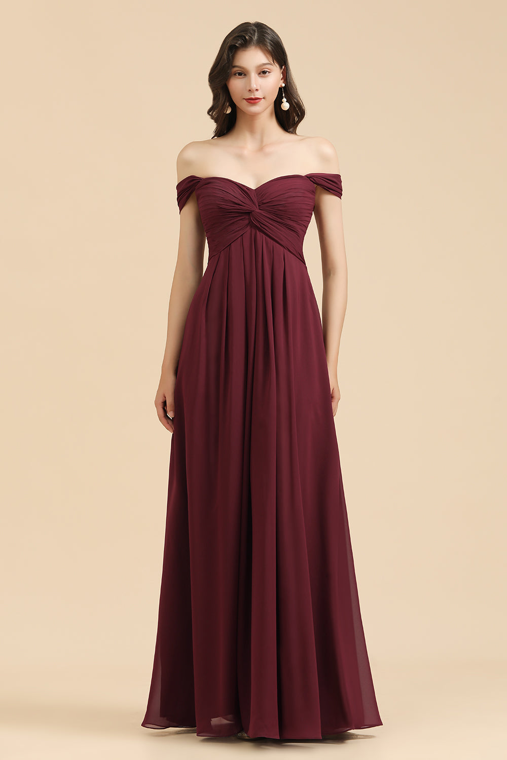Burgundy Off The Shoulder Chiffon A-Line Long Bridesmaid Dress
