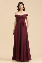 Burgundy Off The Shoulder Chiffon A-Line Long Bridesmaid Dress