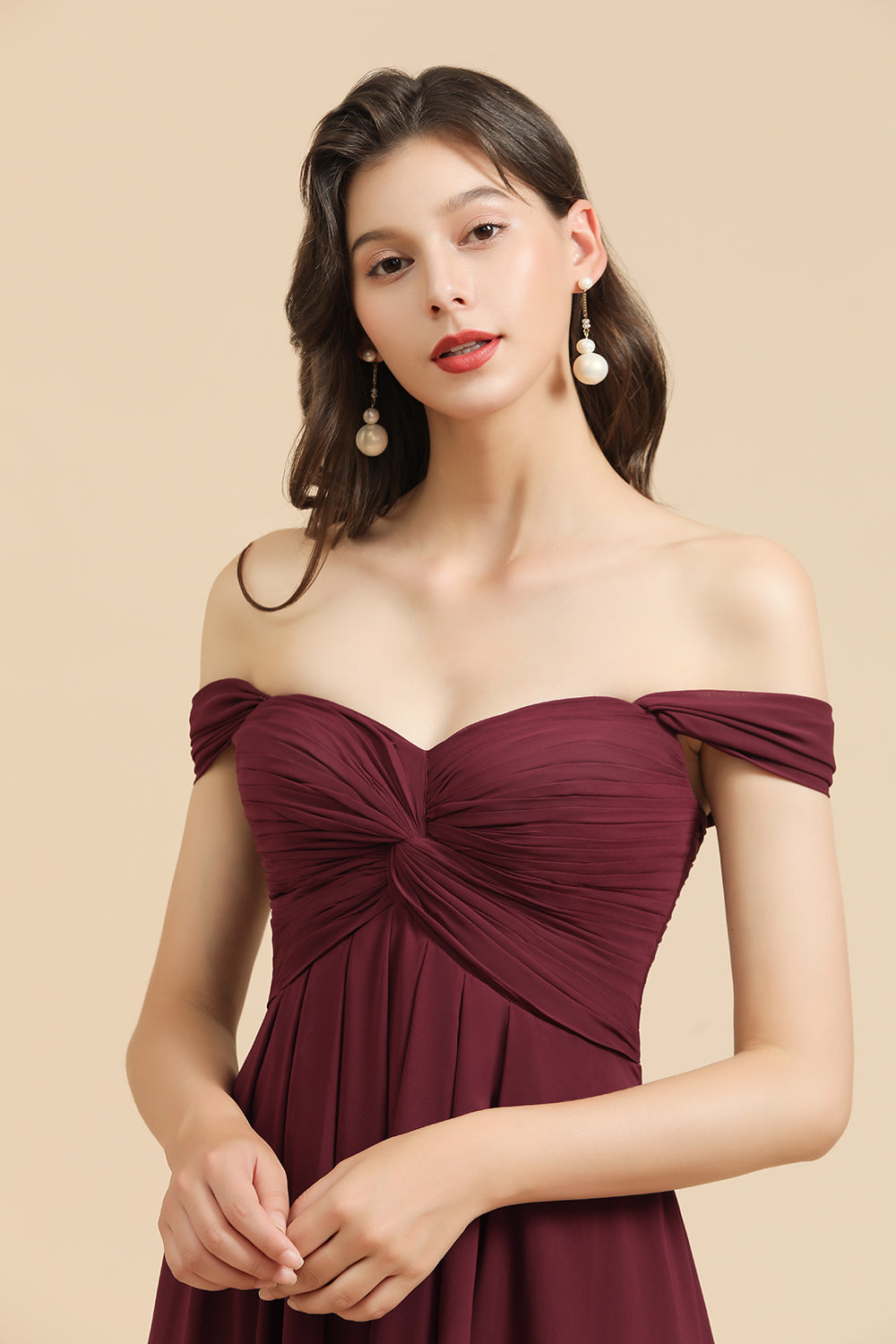 Burgundy Off The Shoulder Chiffon A-Line Long Bridesmaid Dress Bodice Detail