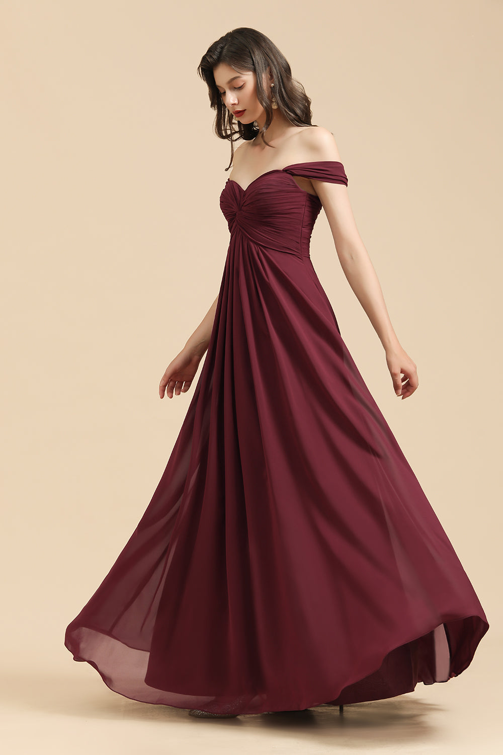 Burgundy Off The Shoulder Chiffon A-Line Long Bridesmaid Dress Side View