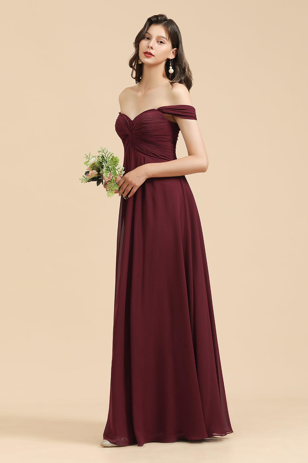 Burgundy Off The Shoulder Chiffon A-Line Long Bridesmaid Dress Side View