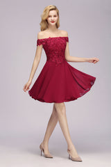 Burgundy Off The Shoulder Chiffon A-Line Short Bridesmaid Dress